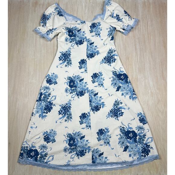 Cider Blue Floral Lace Trim Puff Sleeve Cottagecore Romantic Midi Dress Large - Picture 10 of 14